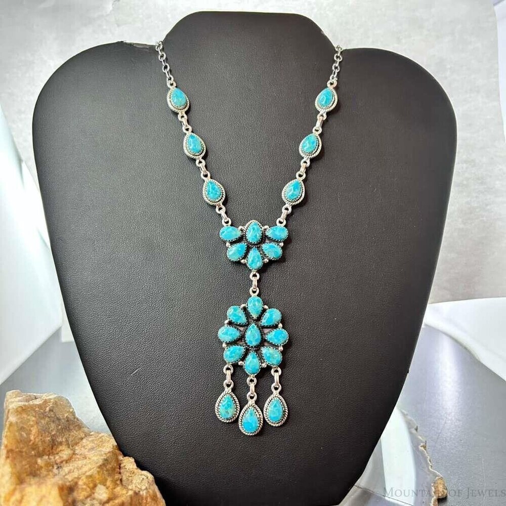 Sterling Southwestern Style 25 Teardrop Turquoise Cluster 17" Necklace For Women - Picture 2 of 10